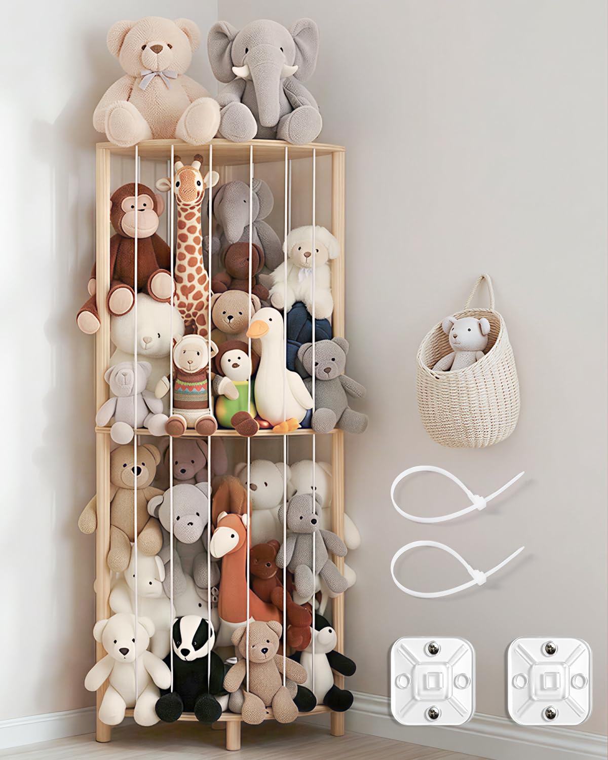 POIKSHARK corner storage with assembly view demonstrates space-saving plush organization