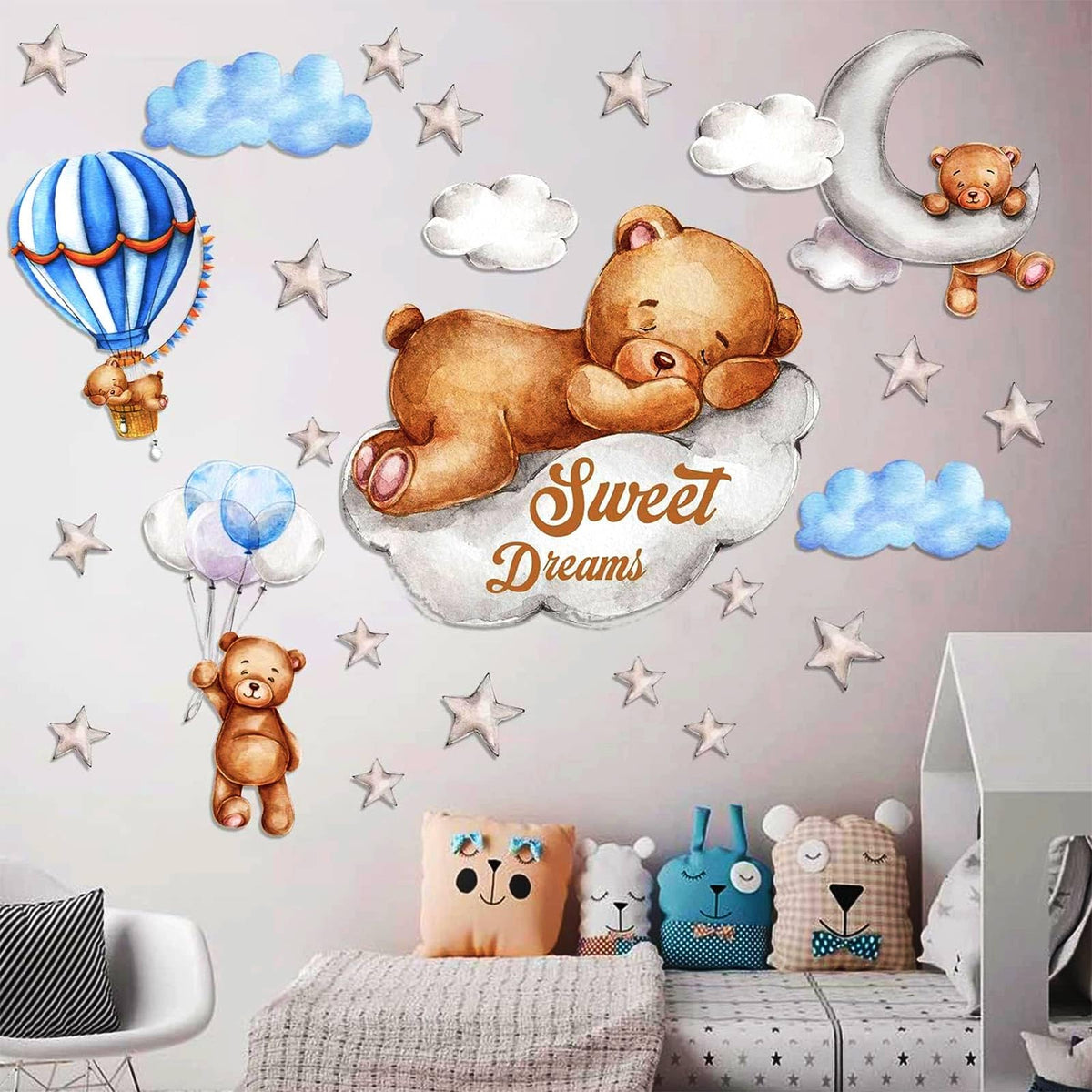POILKMNI Tedy Bear Moon Stars wall sticker brightens a nursery play space