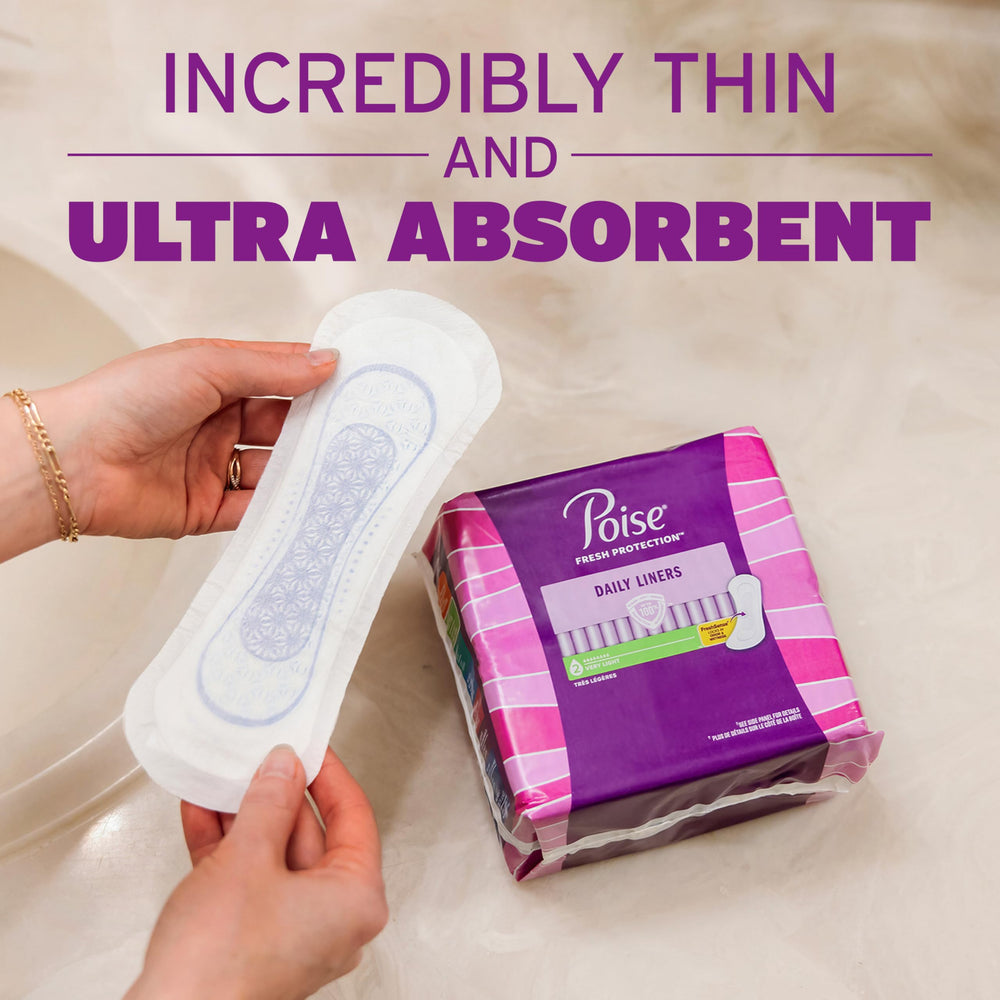 Poise Daily Liners in-use photo shows seamless wear under daily outfits.