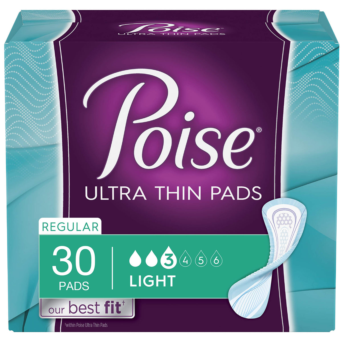 Poise feminine pads with light absorbency in a 30-count pack for everyday confidence.