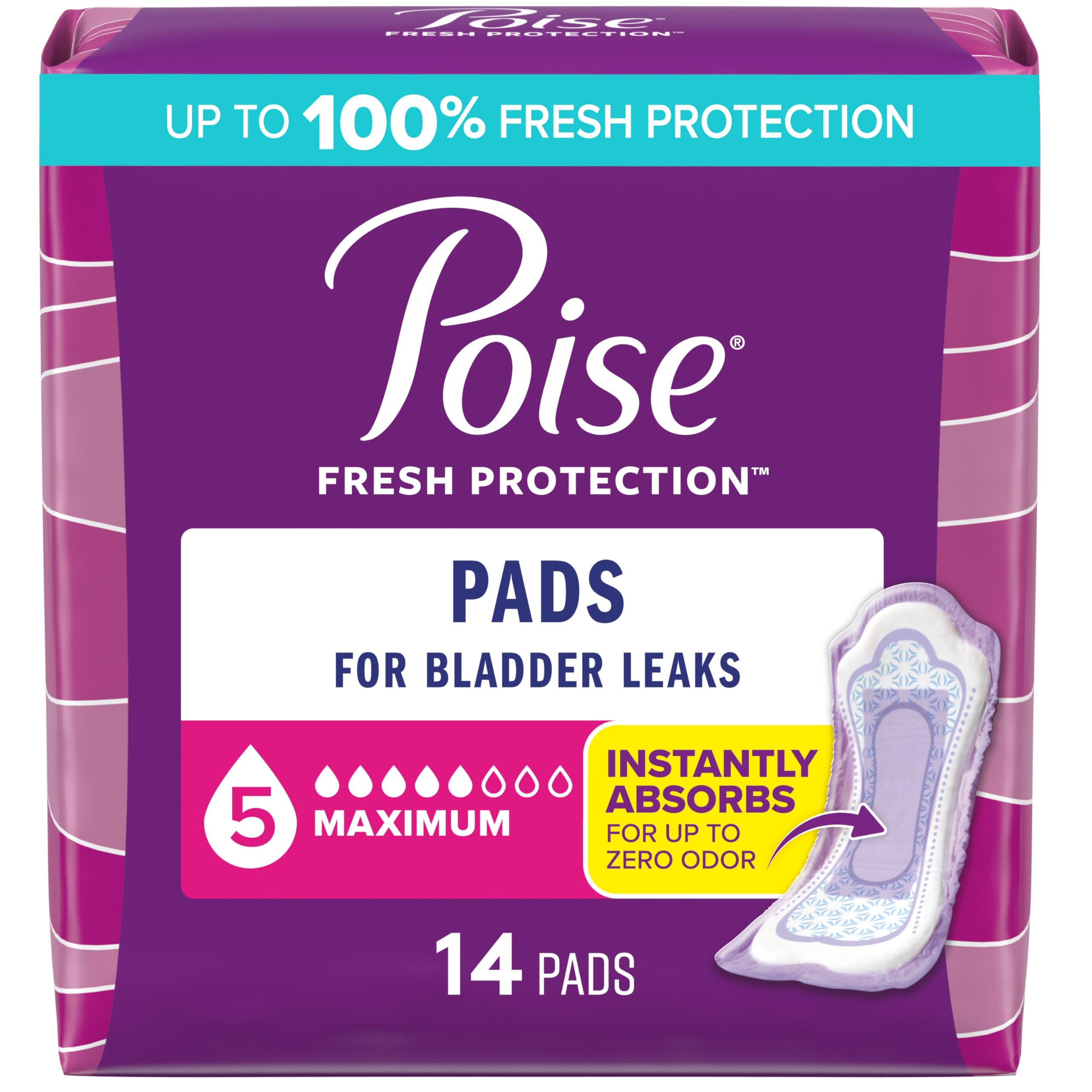 Poise incontinence pad packaging showing discreet packaging and delivery options.