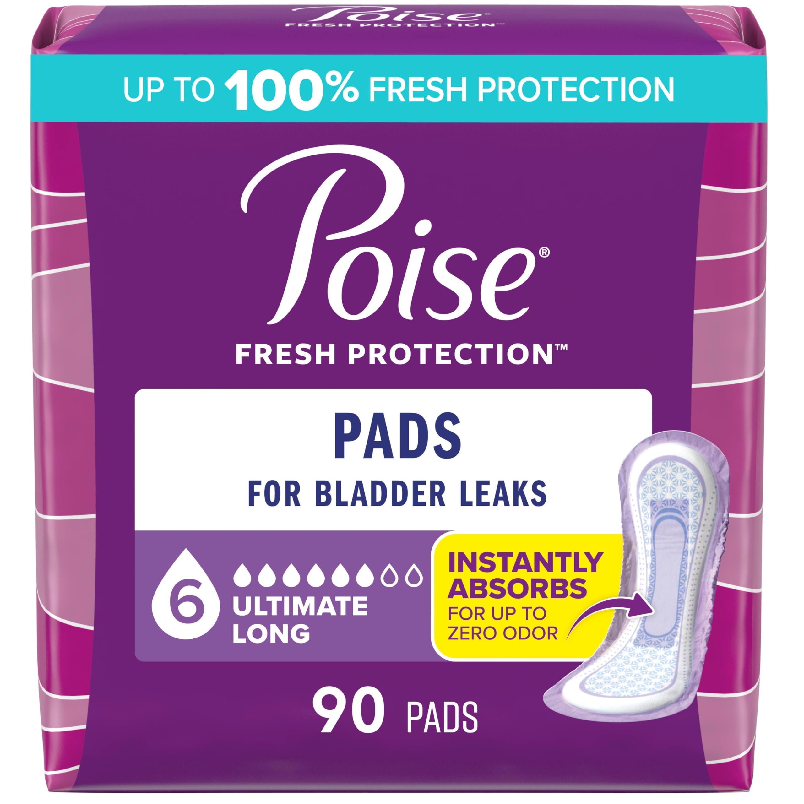 Poise 6 Drop Ultimate pads in a long pack for confident daily protection.
