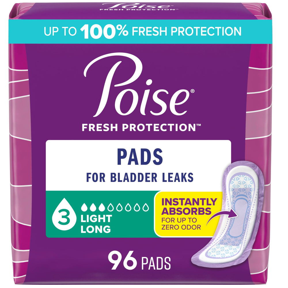 Poise long-length pads in box offer discreet daily protection