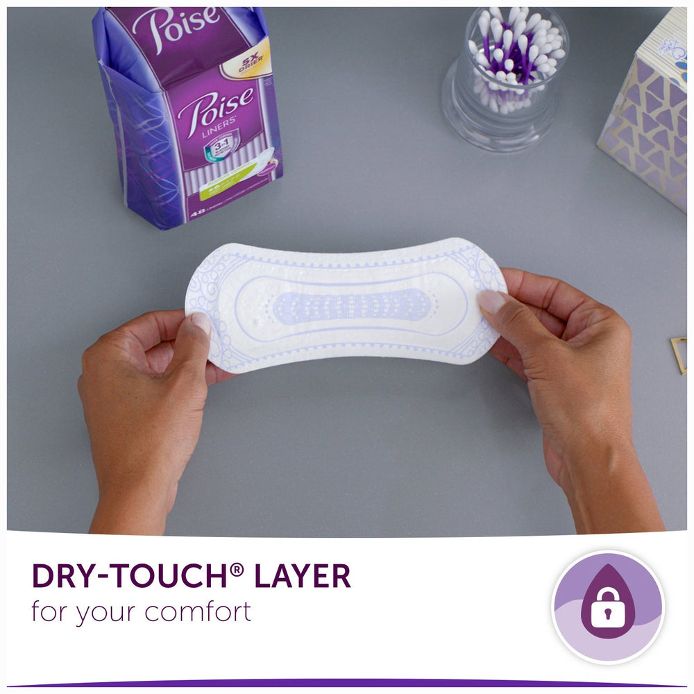 Individually wrapped Poise liners for on-the-go freshness.