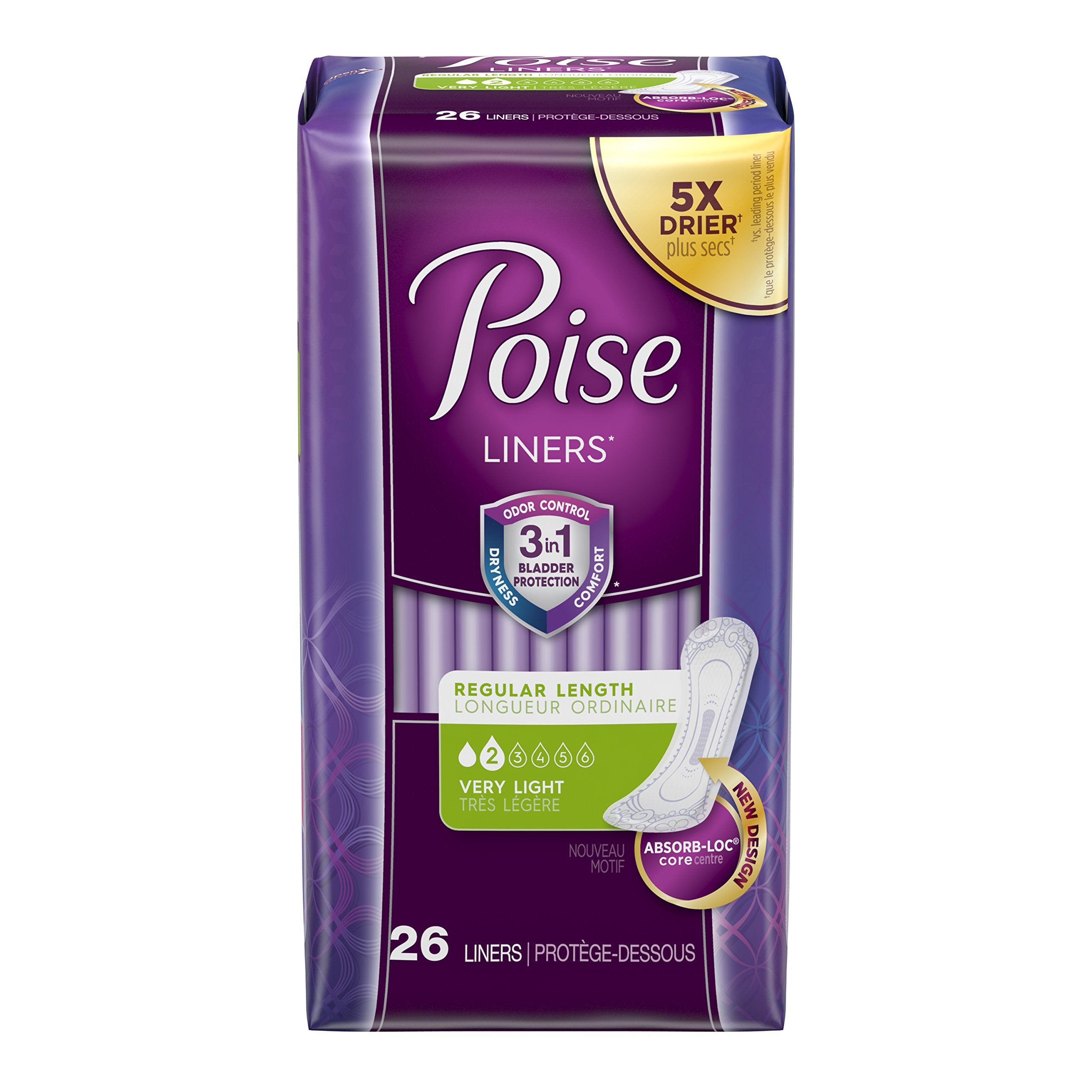 Poise light absorbency panty liner packaging for discreet daily protection.