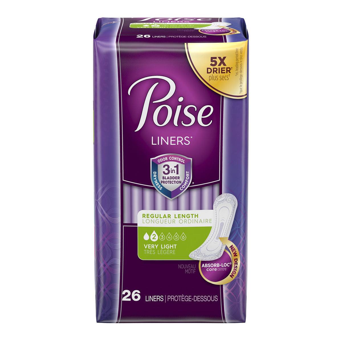 Poise light absorbency panty liner packaging for discreet daily protection.