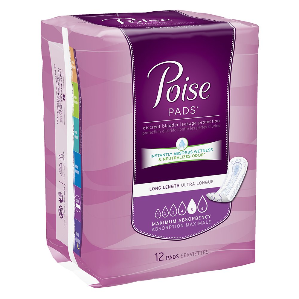 Poise maximum absorbency pad long packaging demonstrates discreet protection and odor control.
