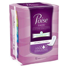 Poise maximum absorbency pad long packaging demonstrates discreet protection and odor control.