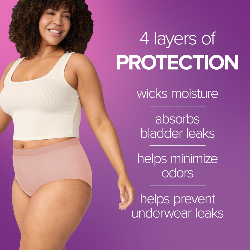 Poise four-layer defense addresses moisture, leaks, and odors.