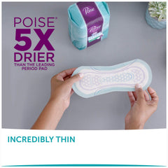 Closeup of Poise Thin-Shape pad showing slim profile and 3-in-1 protection.