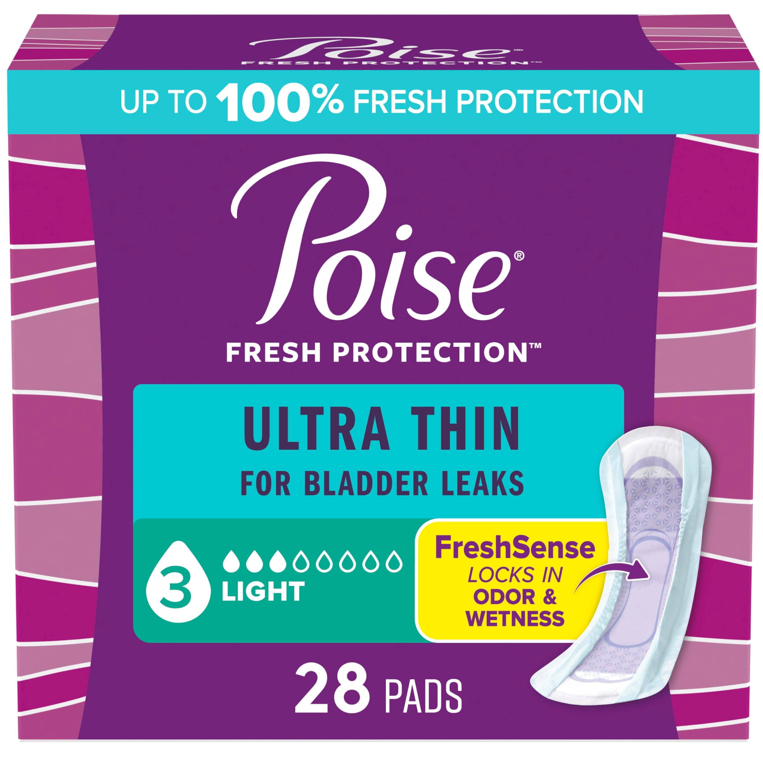 Poise Ultra Thin pad packaging for discreet daily protection.