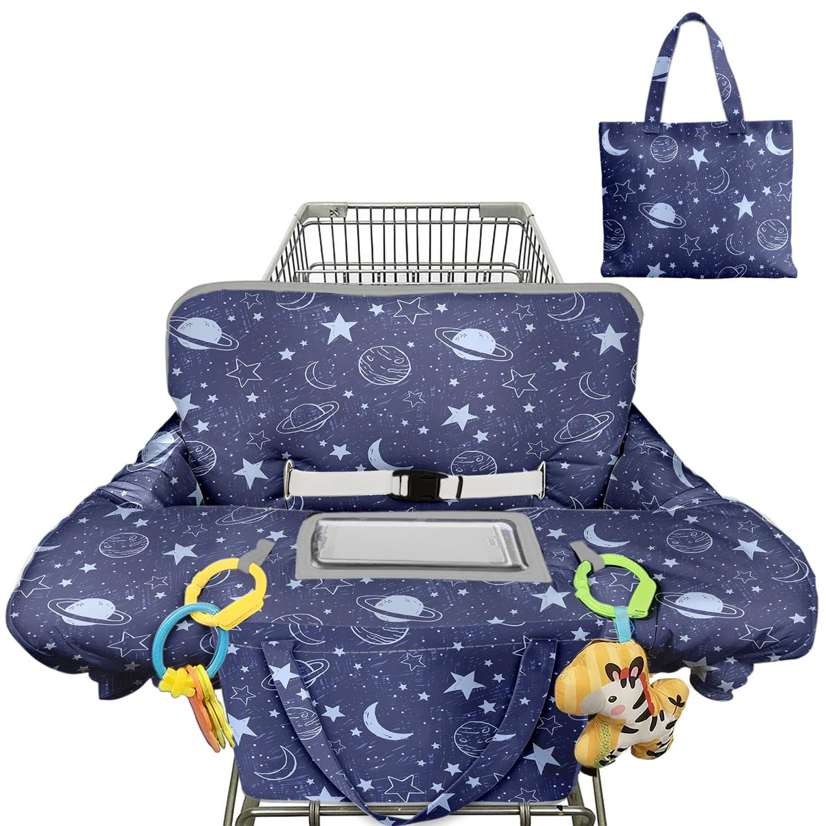 Polovillae cart cover blue sailboat front view shows cozy protection for baby during shopping.
