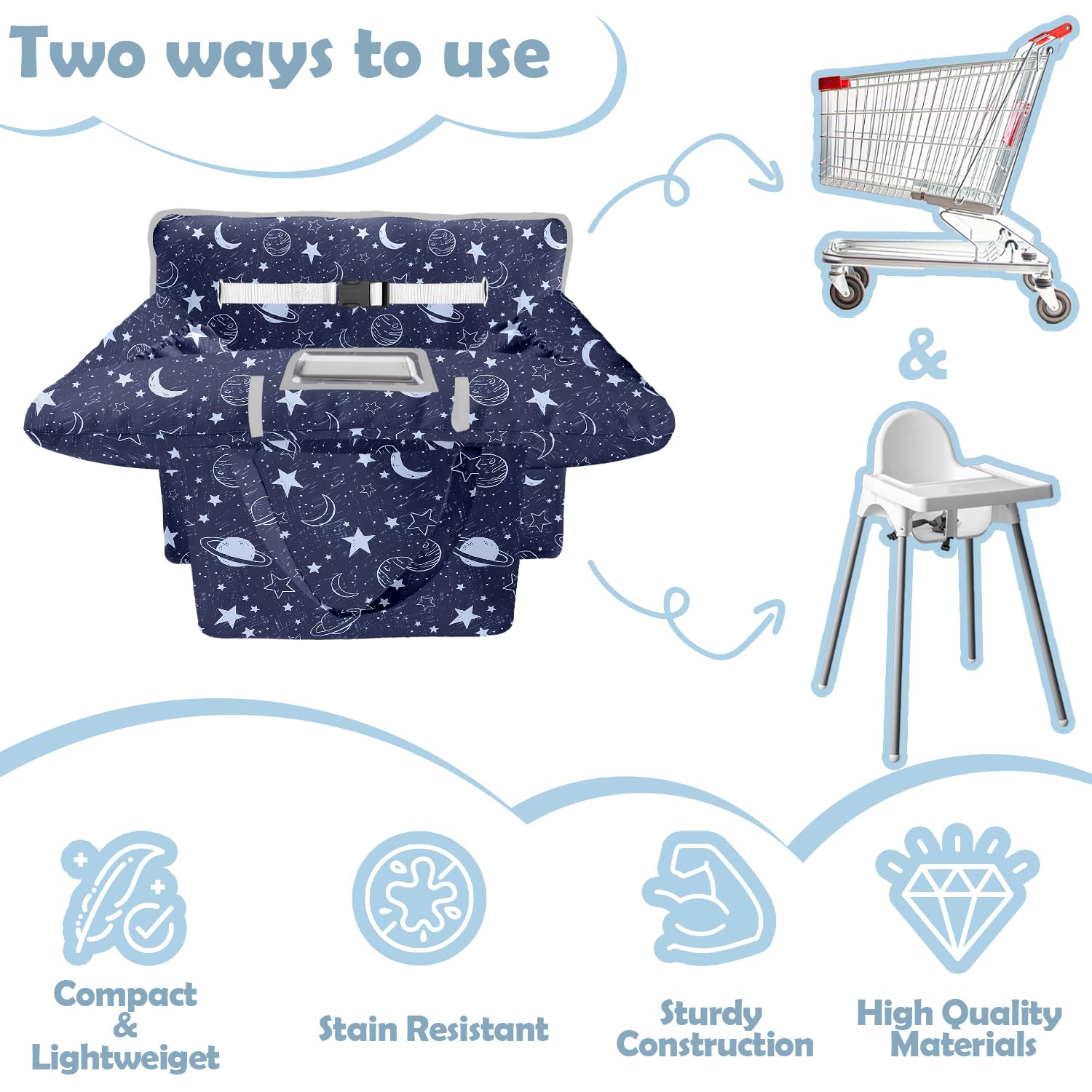 Polovillae teether loop on blue sailboat cart cover offers easy playtime accessory within reach.