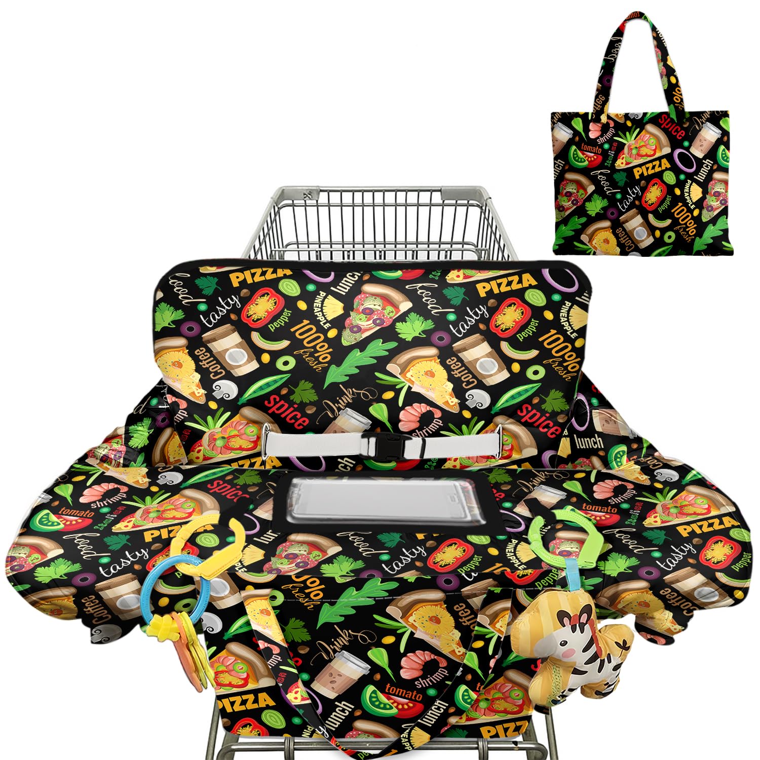 Polovillae cart cover with blue sailboat design protects baby during shopping.