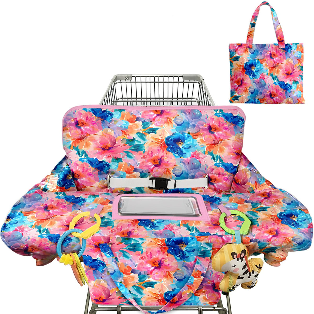 Polovillae shopping cart cover with floral pattern protects baby from dirty carts.