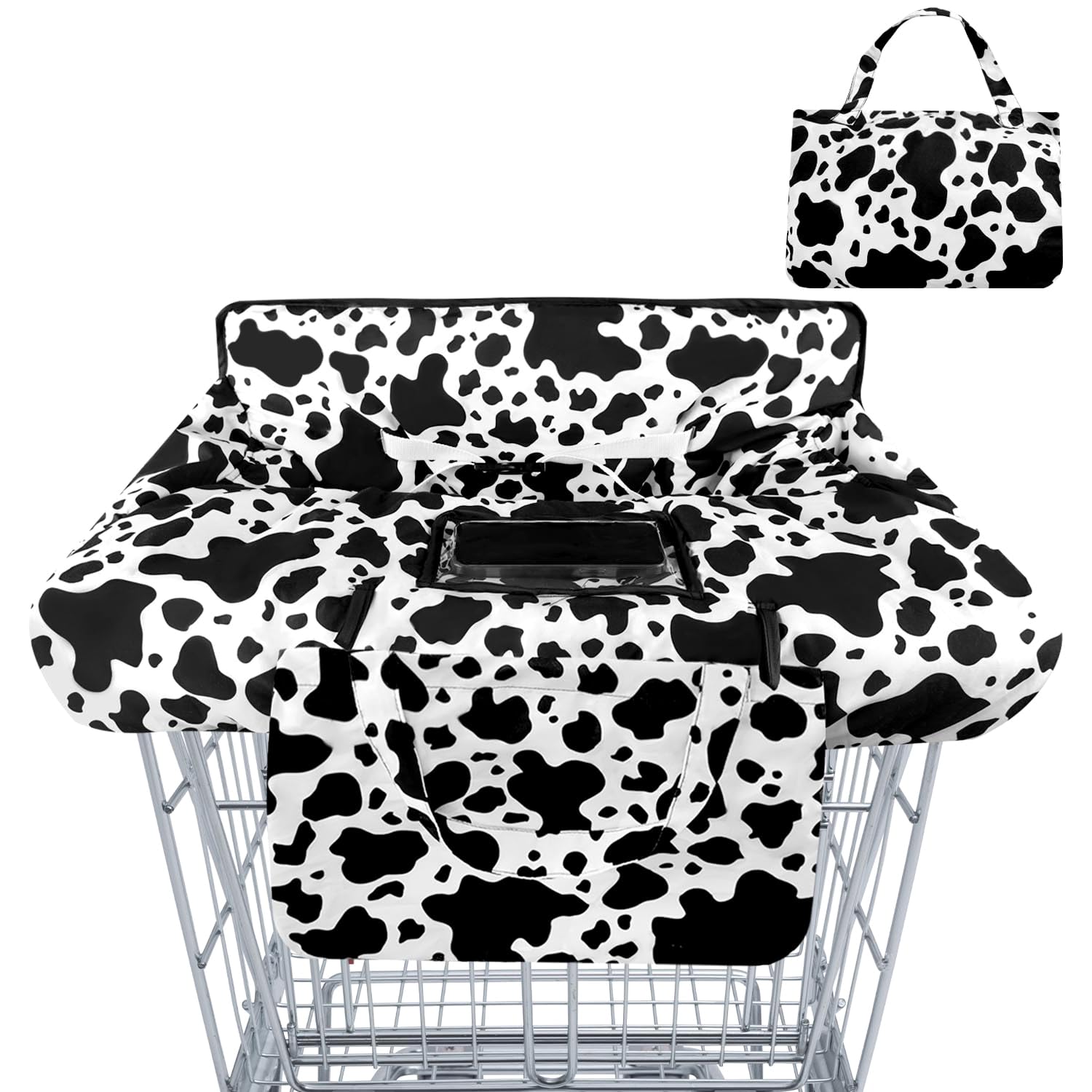 Polovillae shopping cart cover in dark cow pattern protects baby from germs while shopping