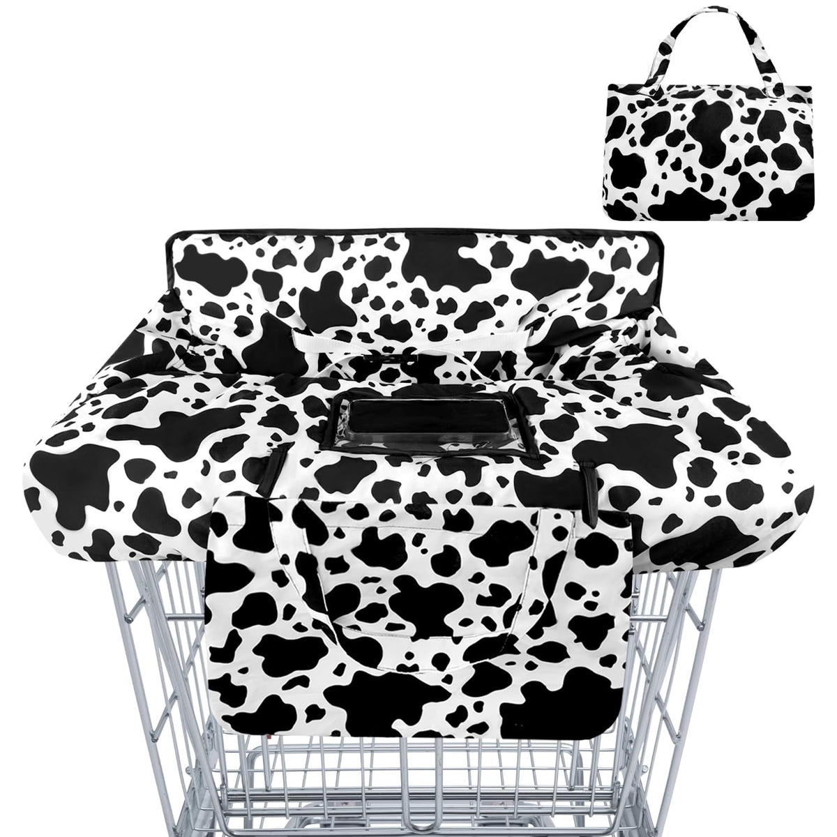 Polovillae shopping cart cover in dark cow pattern protects baby from germs while shopping