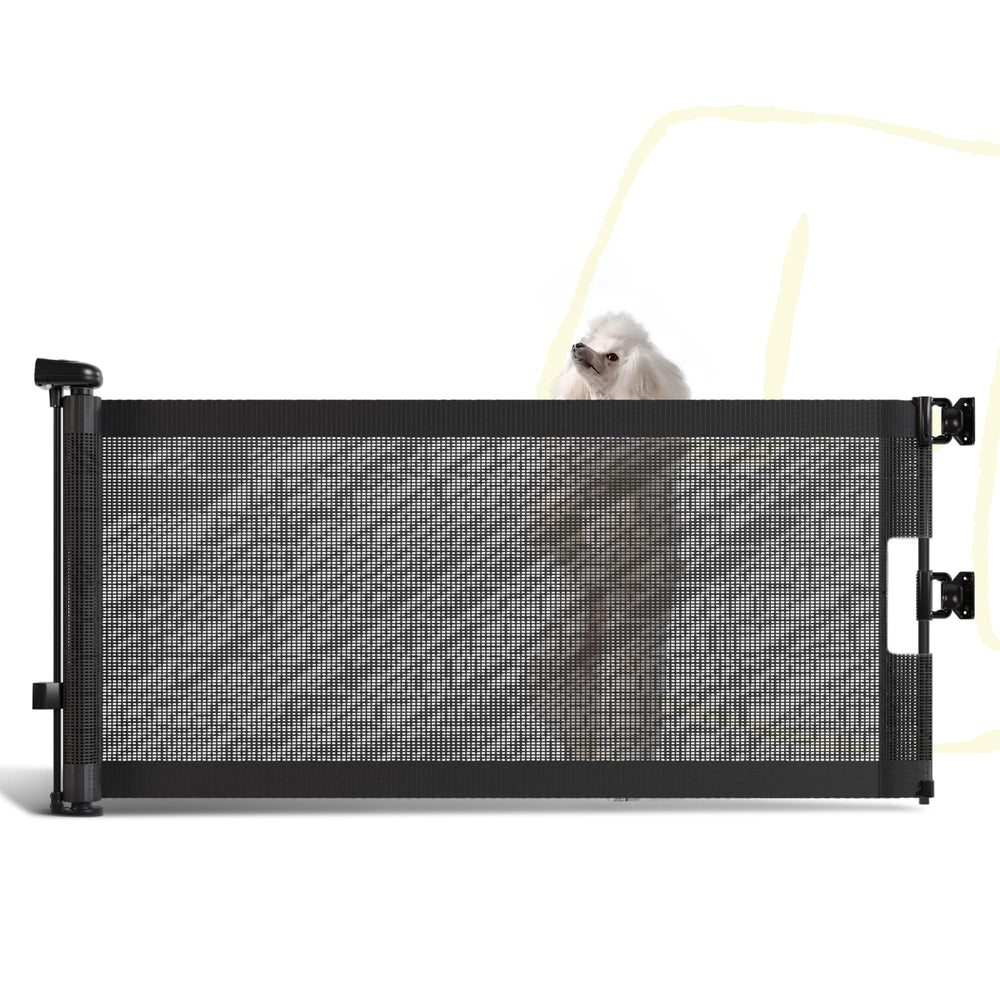 POMESEA retractable gate on stairs provides a safe, flexible barrier for small pets.