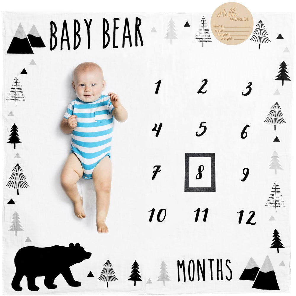 Pondering Pine milestone frame on soft baby blanket for monthly photos