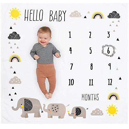 Pondering Pine elephant milestones blanket with month marker for cozy monthly photos.