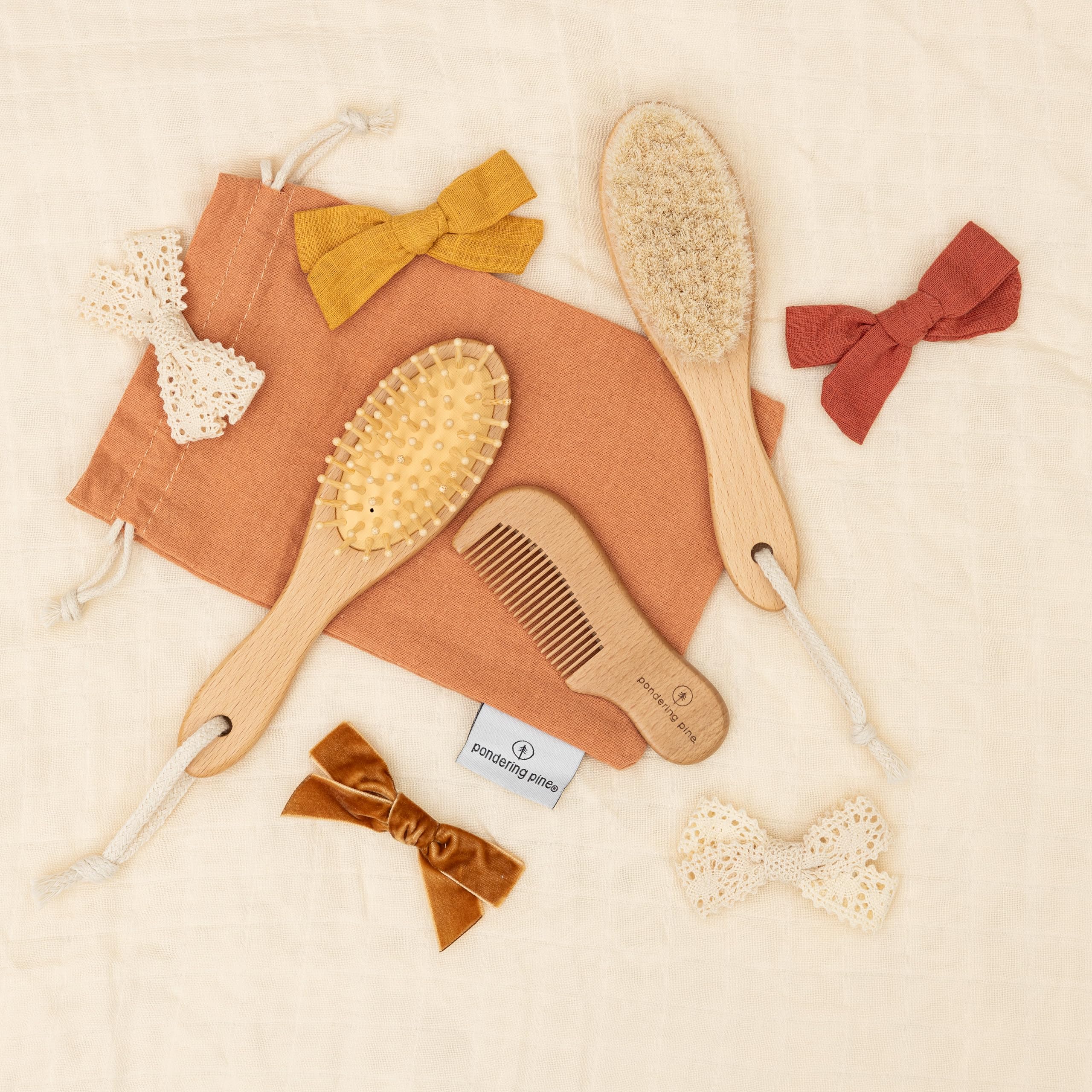 Pondering Pine gift-ready nursery set in boho bag for baby shower.