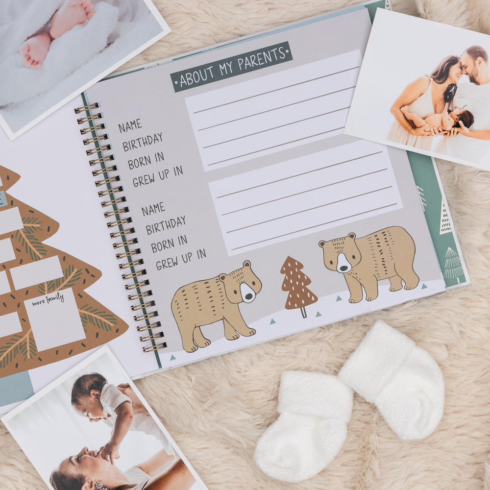 Pondering Pine memory book woodland theme design adds timeless nursery charm.