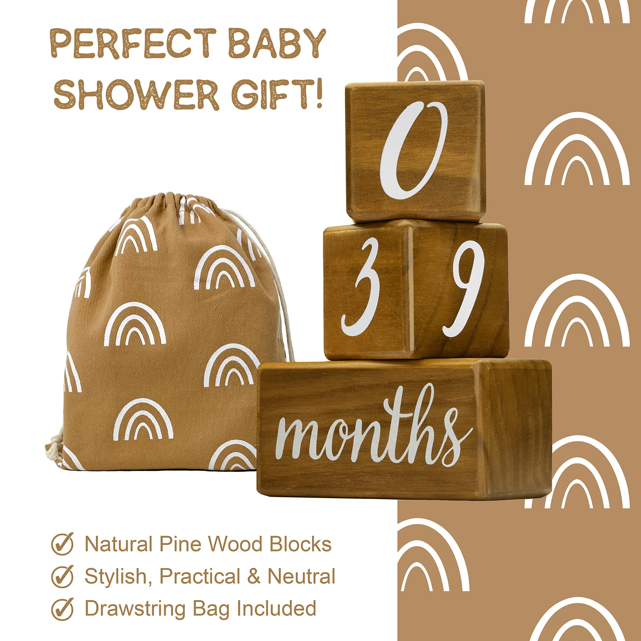 Pondering Pine milestone blocks in cotton drawstring bag, ready for gifting.