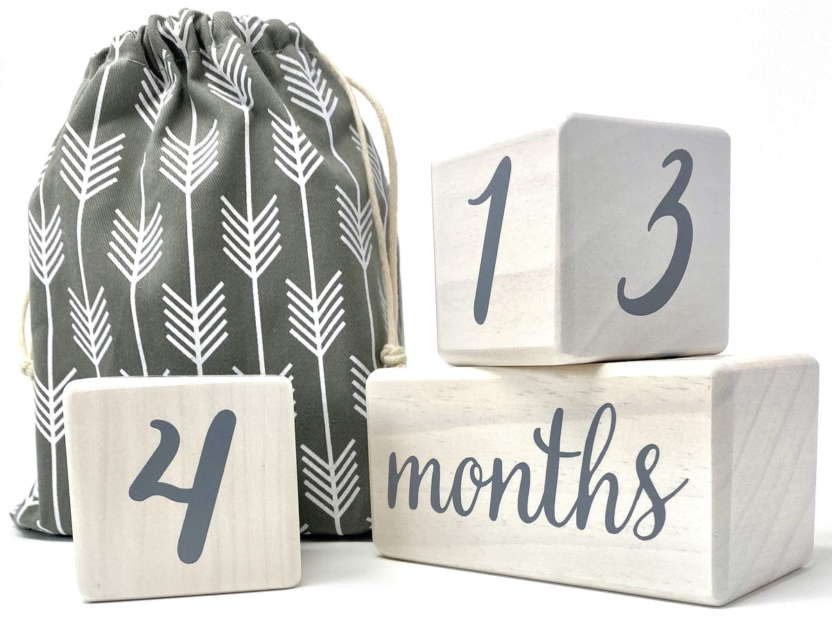 Pondering Pine milestone blocks in natural white stain, perfect newborn photos and monthly milestones.