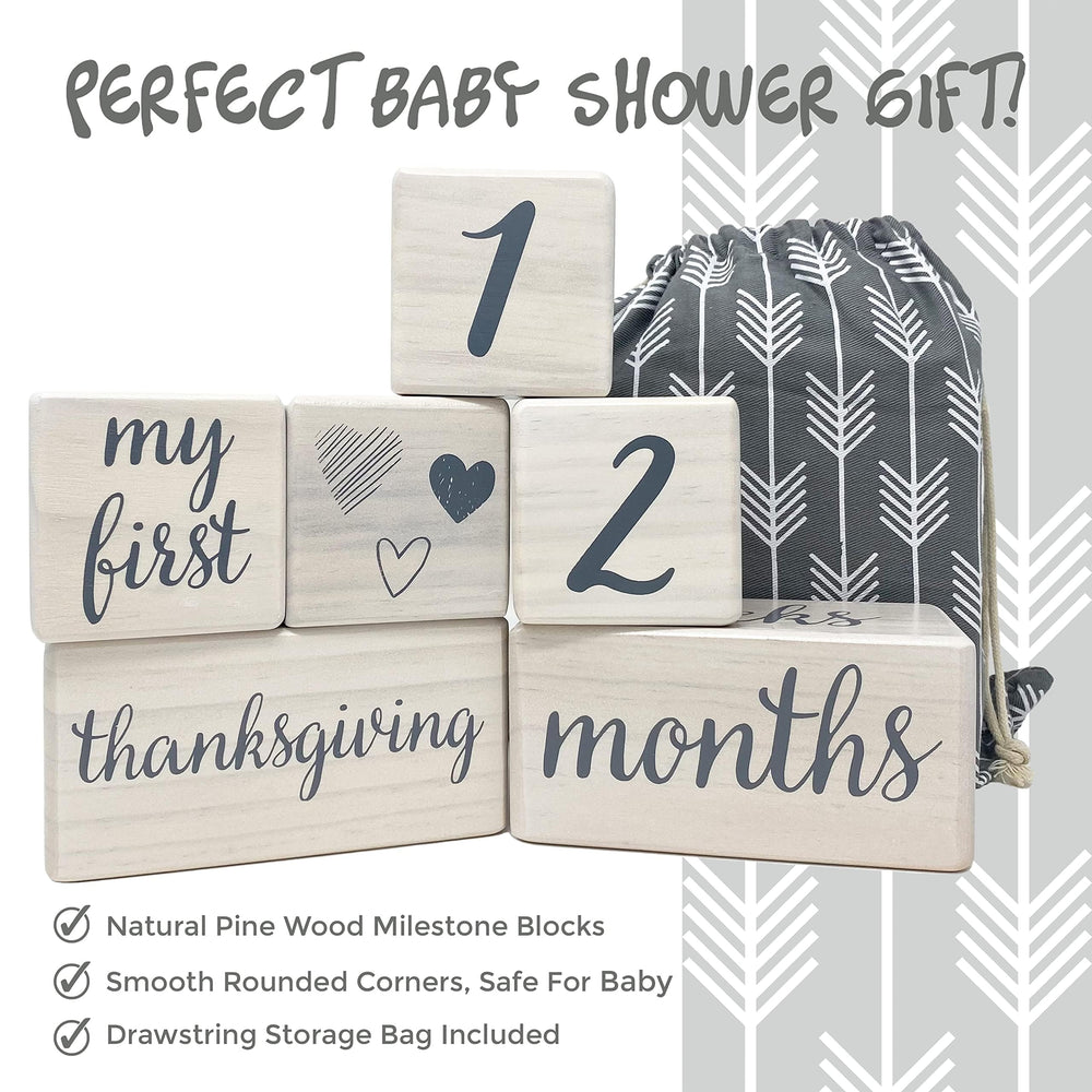 Pondering Pine milestone blocks neutral design: blends with any nursery theme for photos.