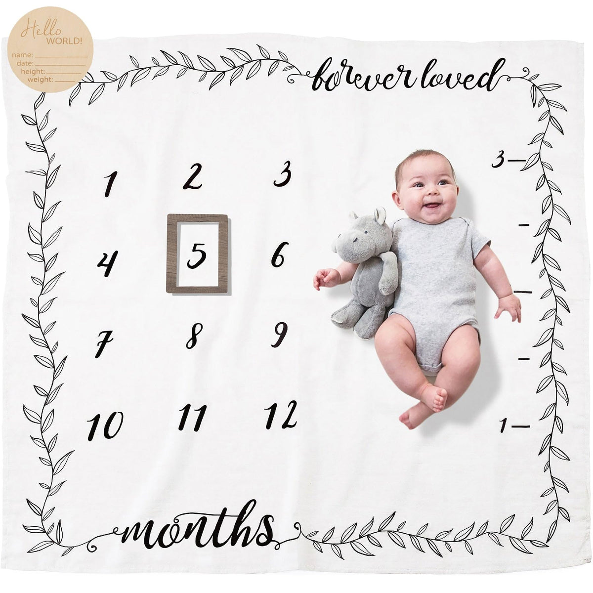 Pondering Pine organic baby milestone blanket with wood frame for timeless photos.