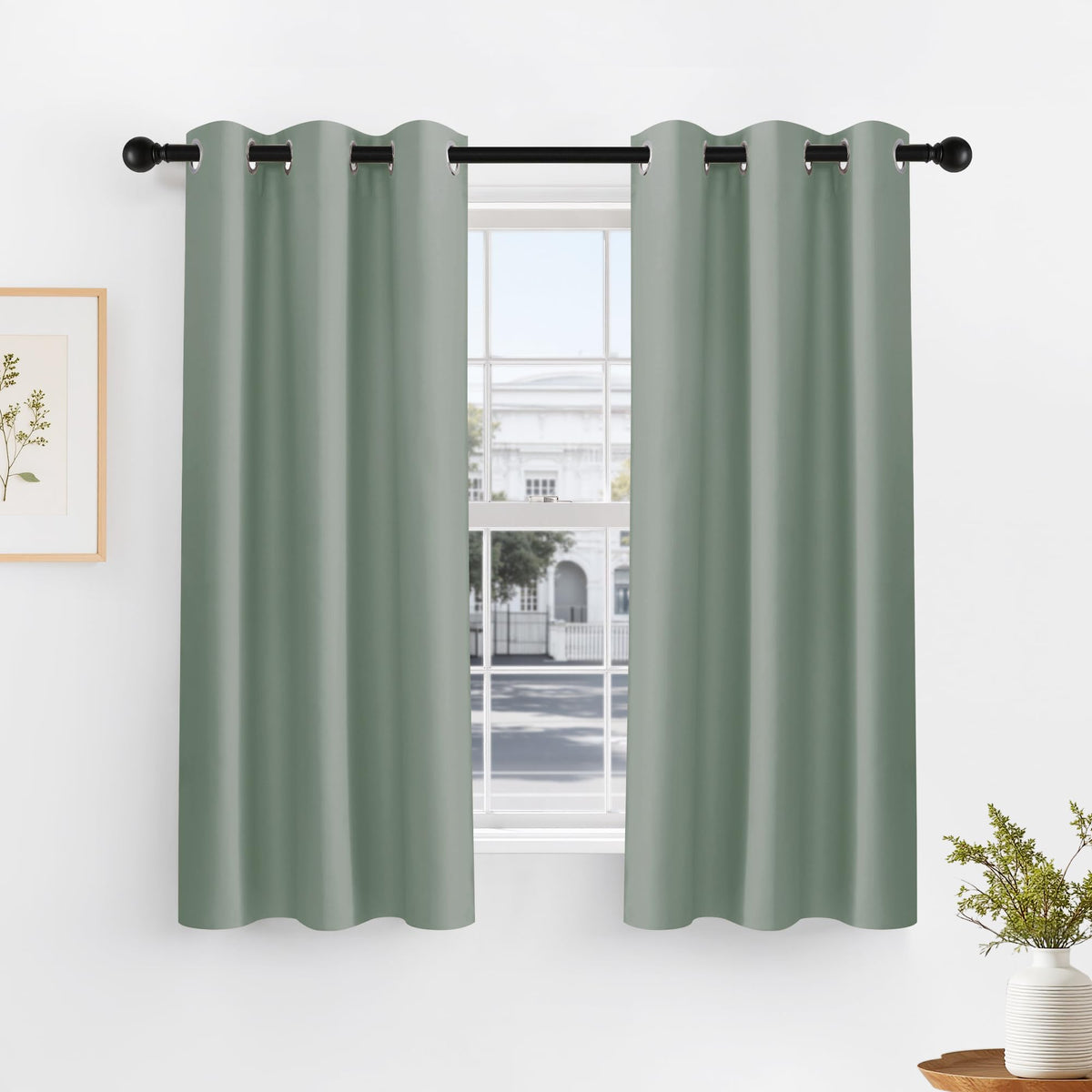 PONY DANCE Sage Green Kitchen Curtains two-panel set provides privacy with soft, diffused light.