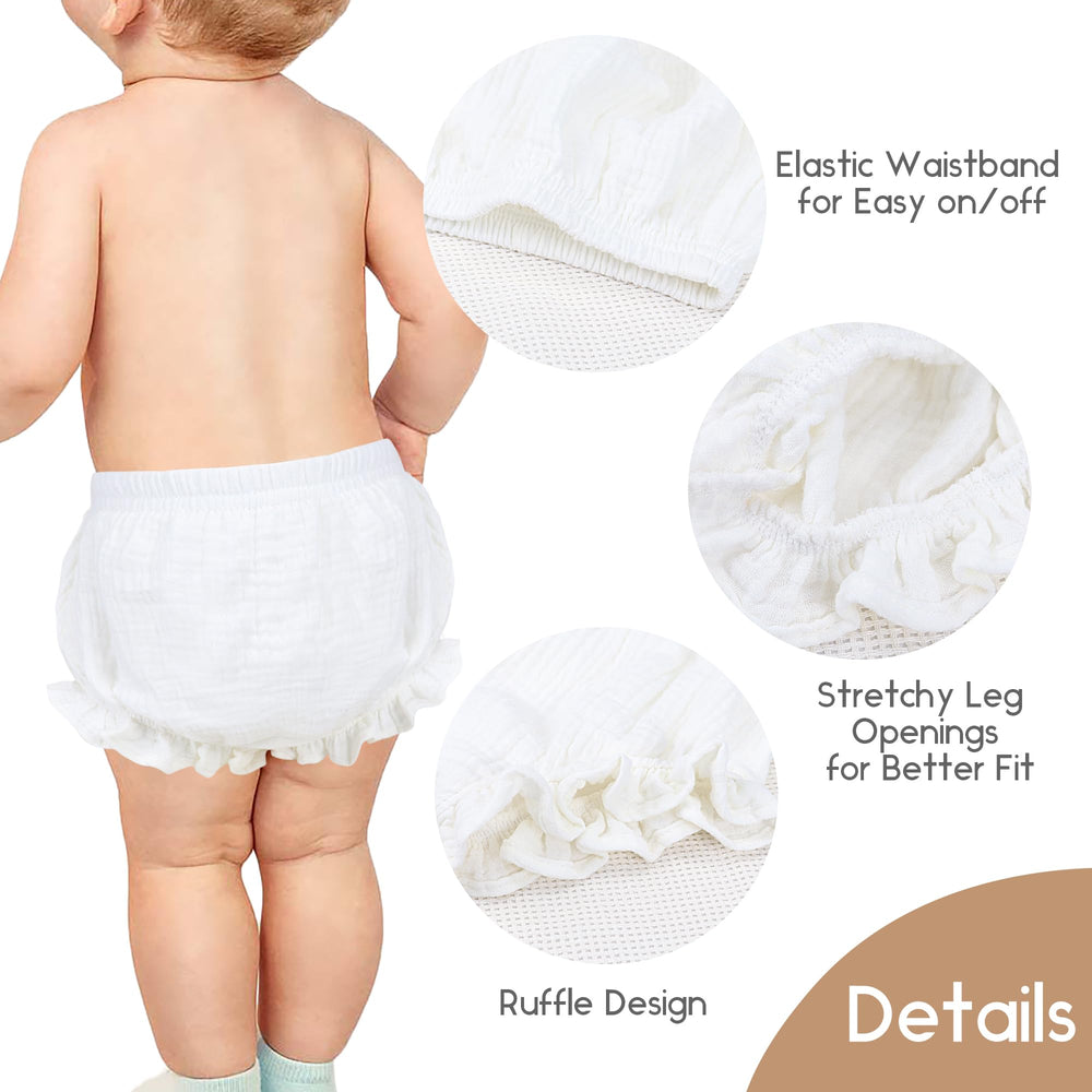 Poocen toddler bloomers white ruffled back, breathable fabric ideal for all-day wear.