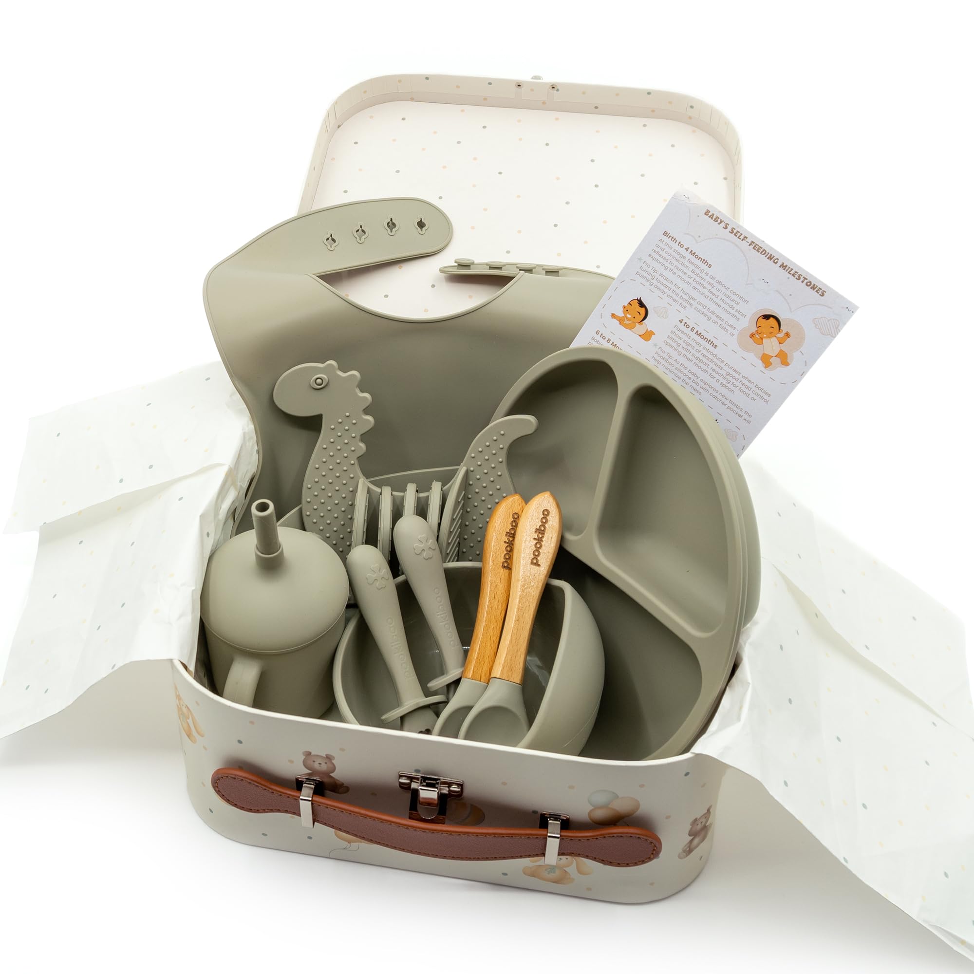 Pookiboo Olive 8-piece feeding set for self-feeding and daily use.