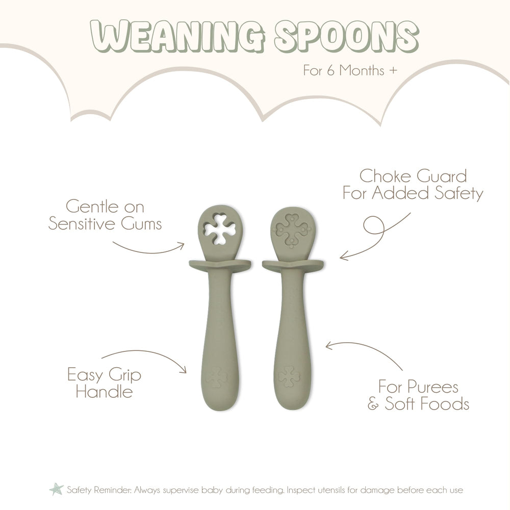 Pookiboo Olive soft training spoons support safe practice.