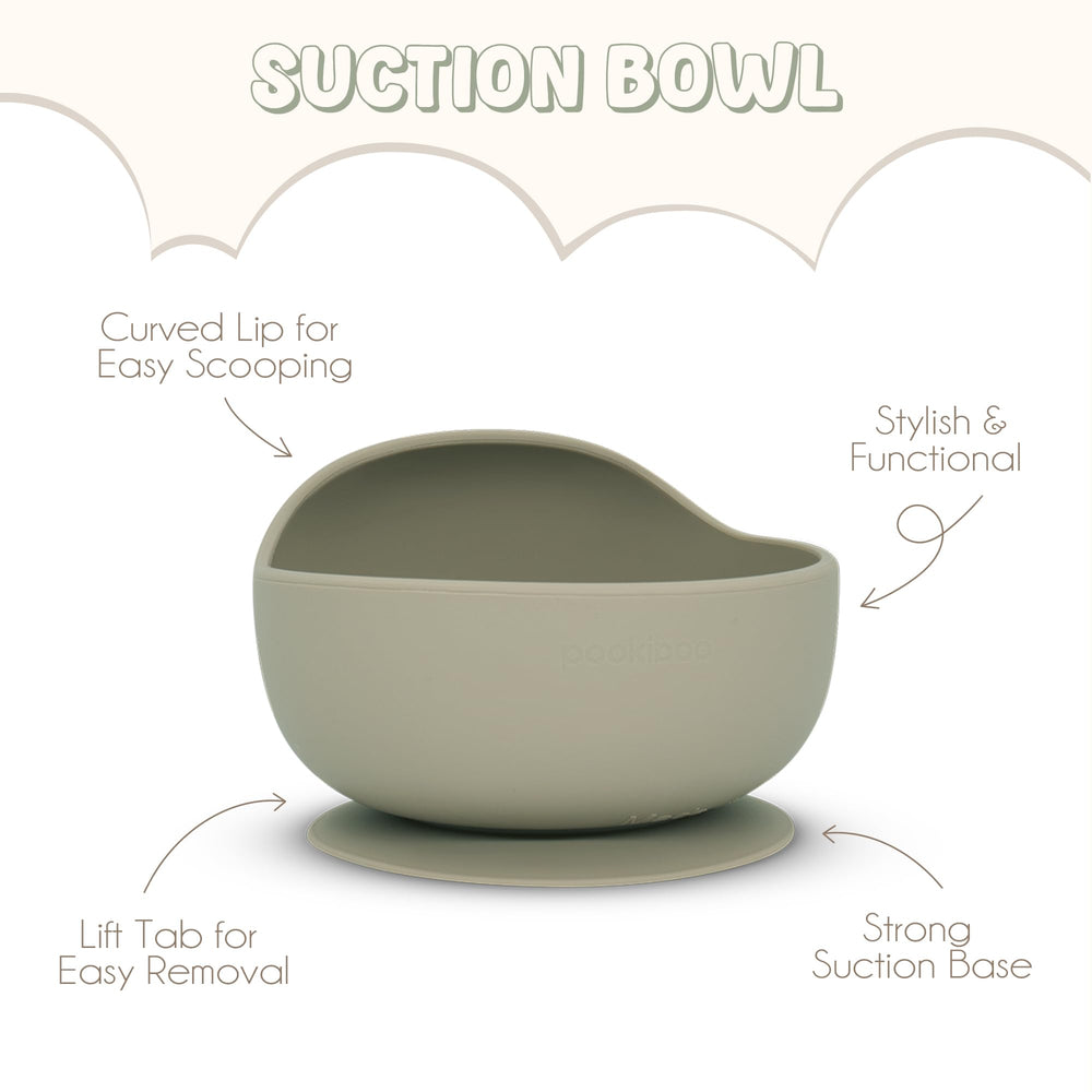 Pookiboo Olive suction bowl stays steady during mealtime.