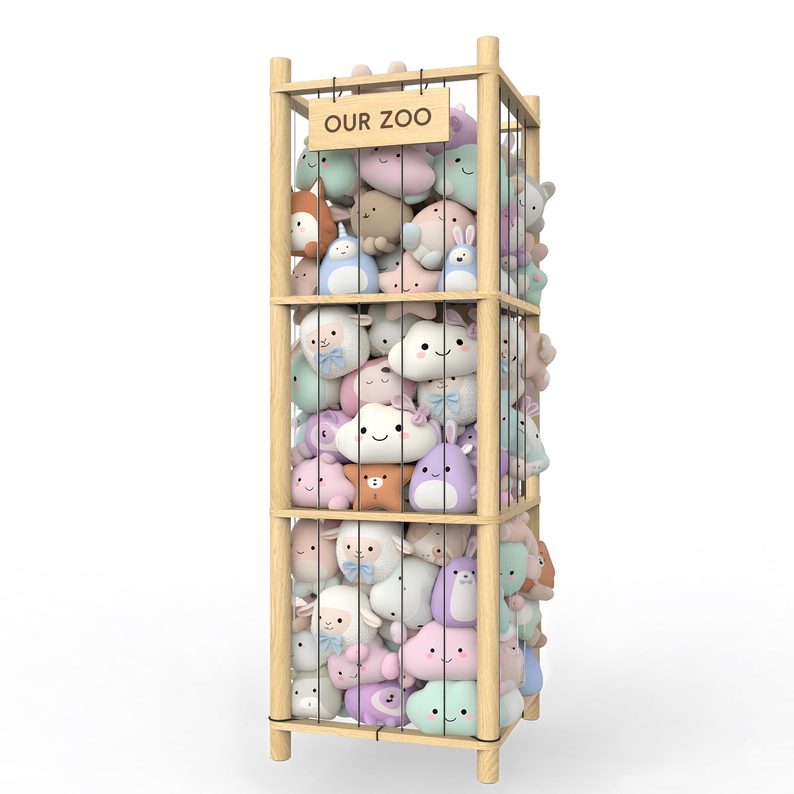 POOSIDE stuffed animal storage with wooden holder and elastic ropes keeps plushies organized.