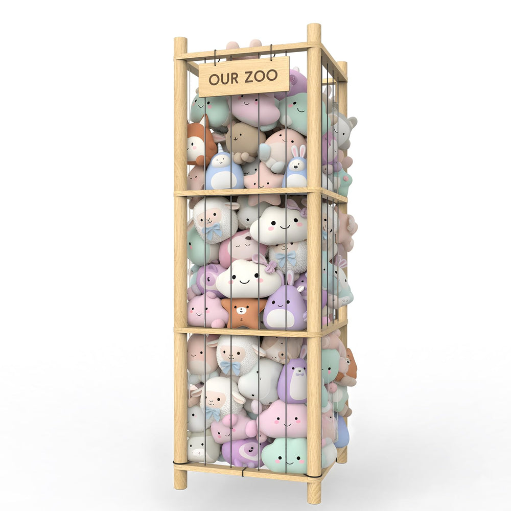 POOSIDE stuffed animal storage with wooden holder and elastic ropes keeps plushies organized.