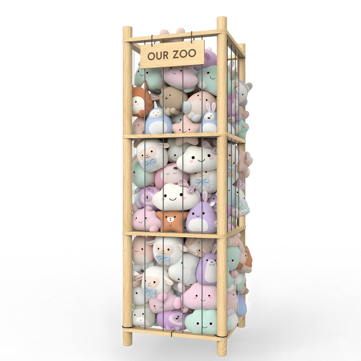 POOSIDE stuffed animal storage with wooden holder and elastic ropes keeps plushies organized.