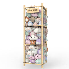 POOSIDE stuffed animal storage with wooden holder and elastic ropes keeps plushies organized.
