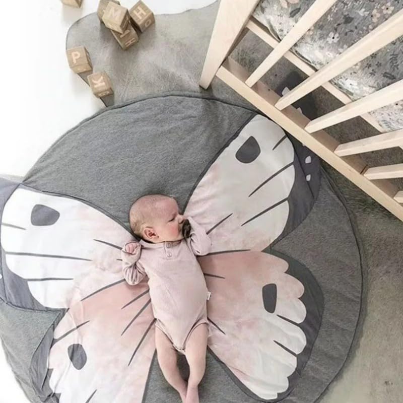 Poowe Butterfly Round Play Pad with animal pattern adds playful nursery decor.