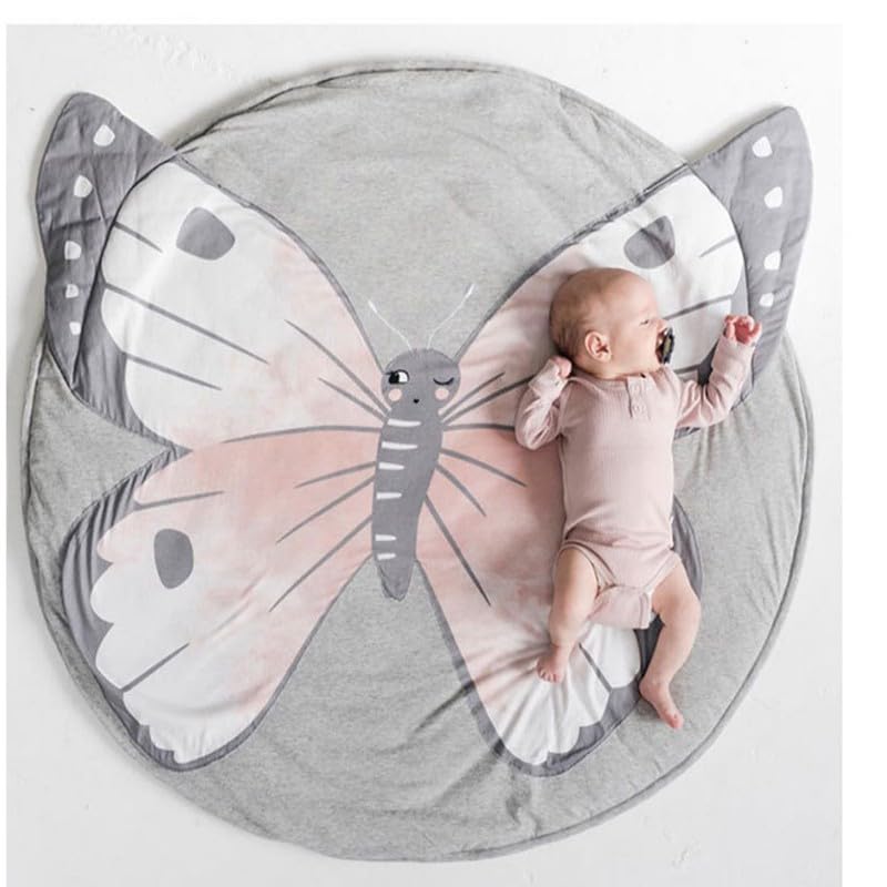 Poowe Butterfly Round Play Pad top view with soft cotton surface for tummy time.