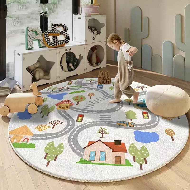 Poowe City Road Round rug provides a soft, plush surface for cozy playtime.