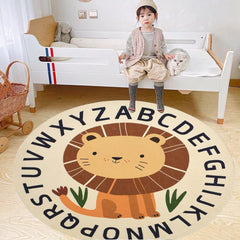 Poowe round kids play mat with ABC Lion design, soft surface for safe play.