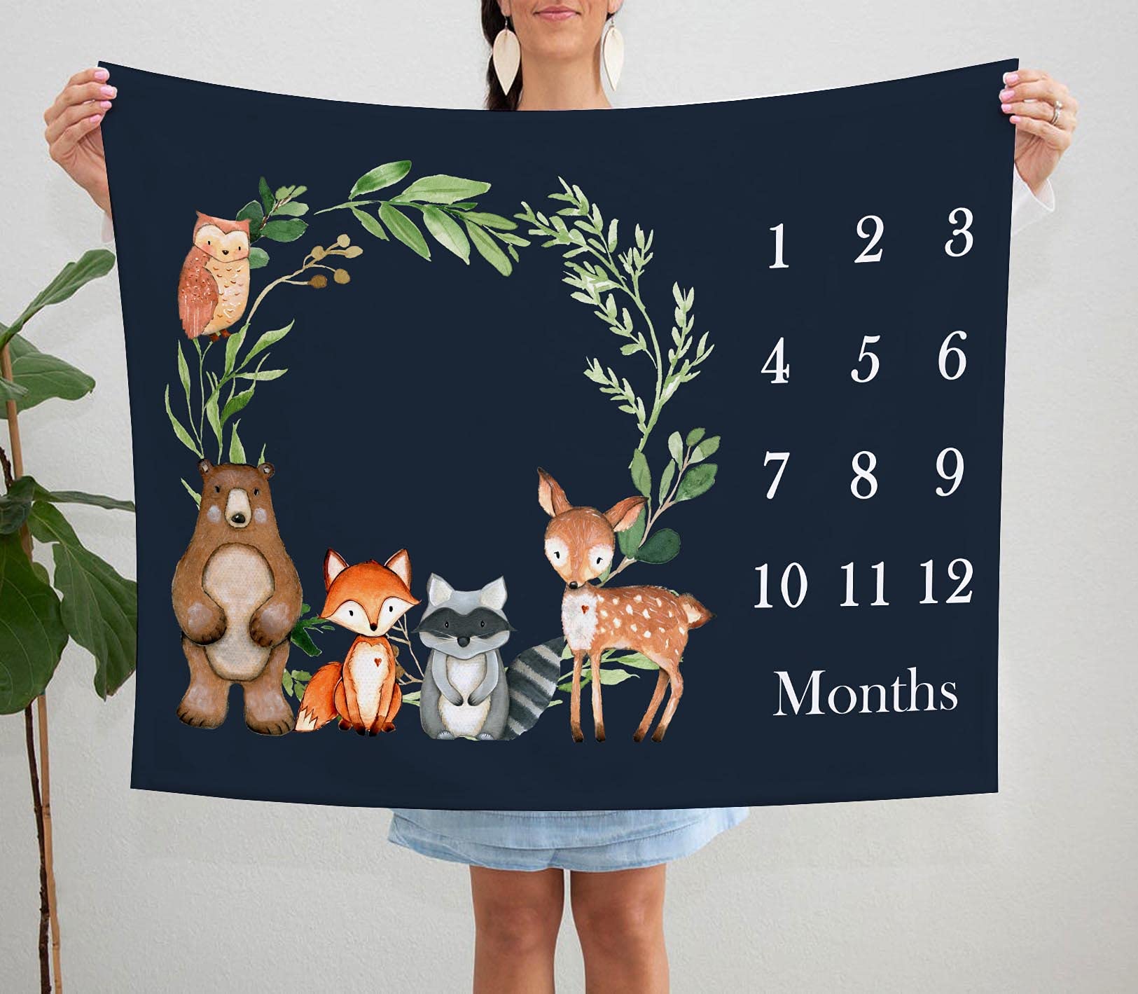 Popfavors milestone marker on woodland blanket for easy monthly growth photos.