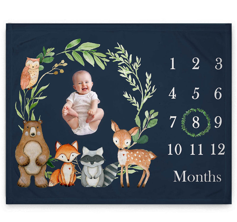 Popfavors Woodland Milestone Blanket 50x40 showcasing cozy fleece for photo growth charts.