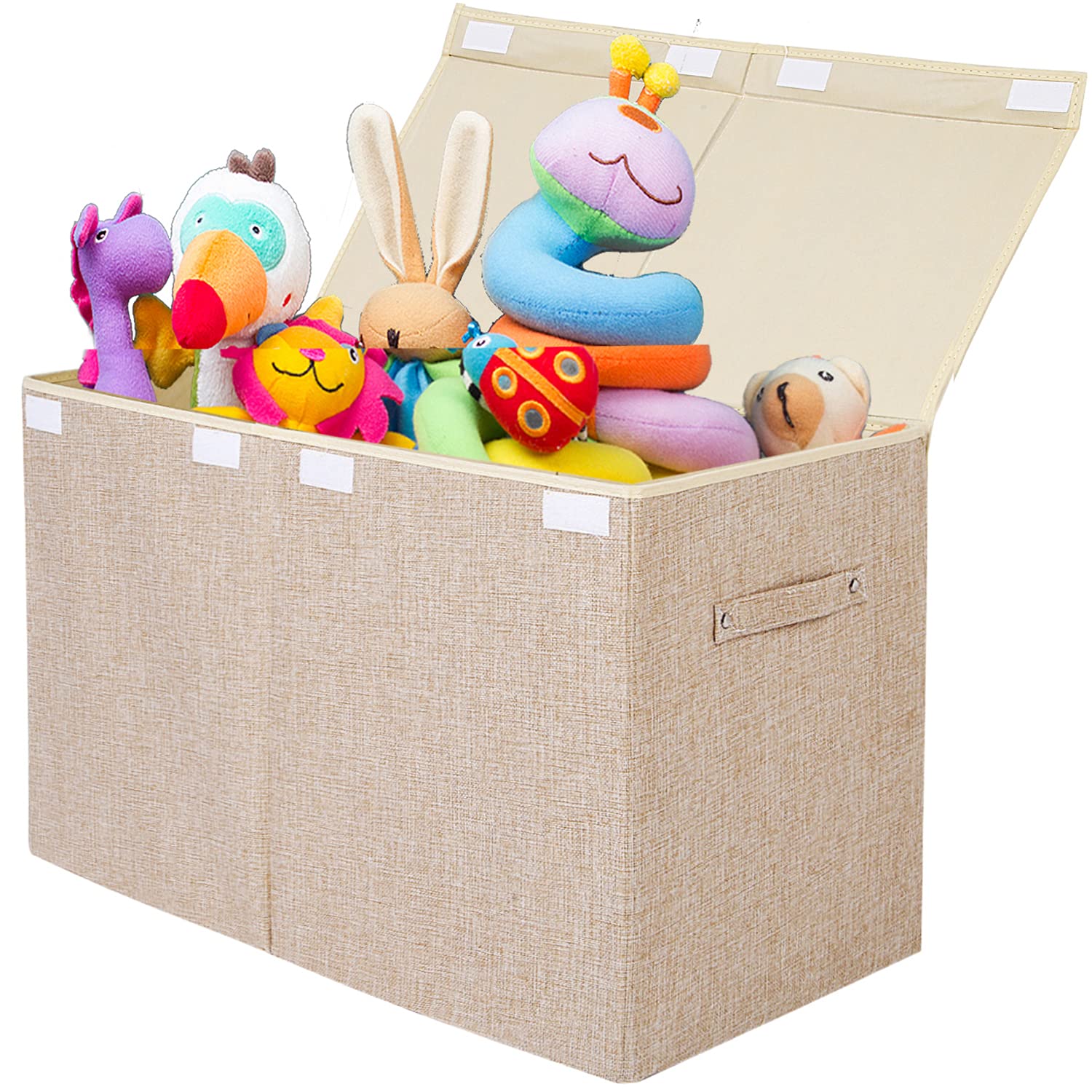 Popoly large toy box with flip-top lid in linen beige for quick toy access.