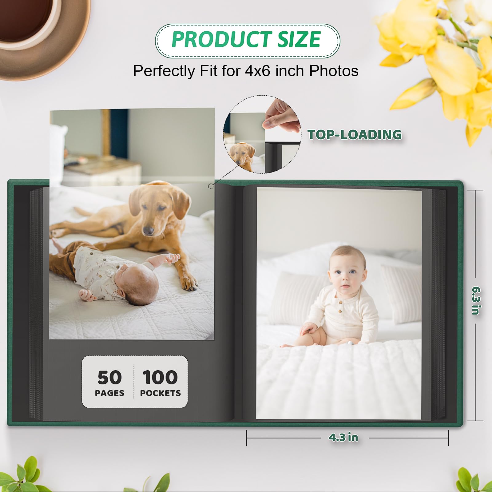 Popotop album with 100 pockets for 4x6 photos and easy sorting.