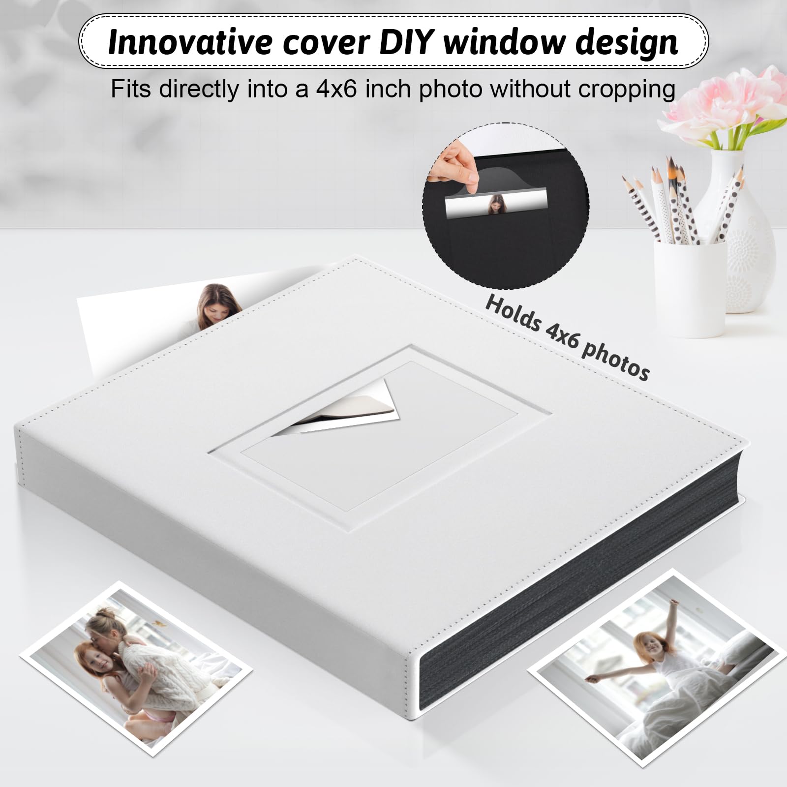 Popotop photo album shows a double front window holding 4x6 photos securely.