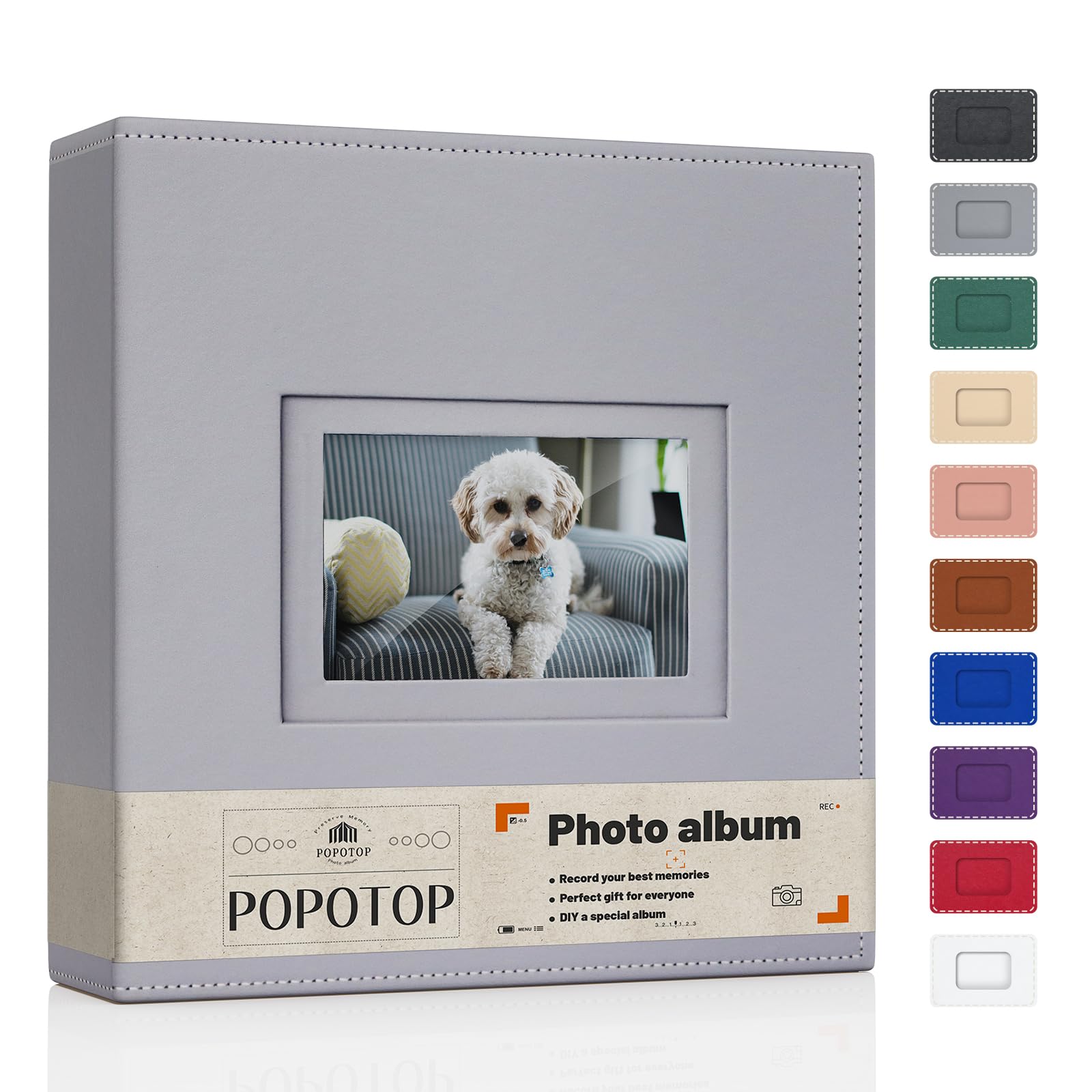Popotop photo album front cover with leather finish and window to showcase memories