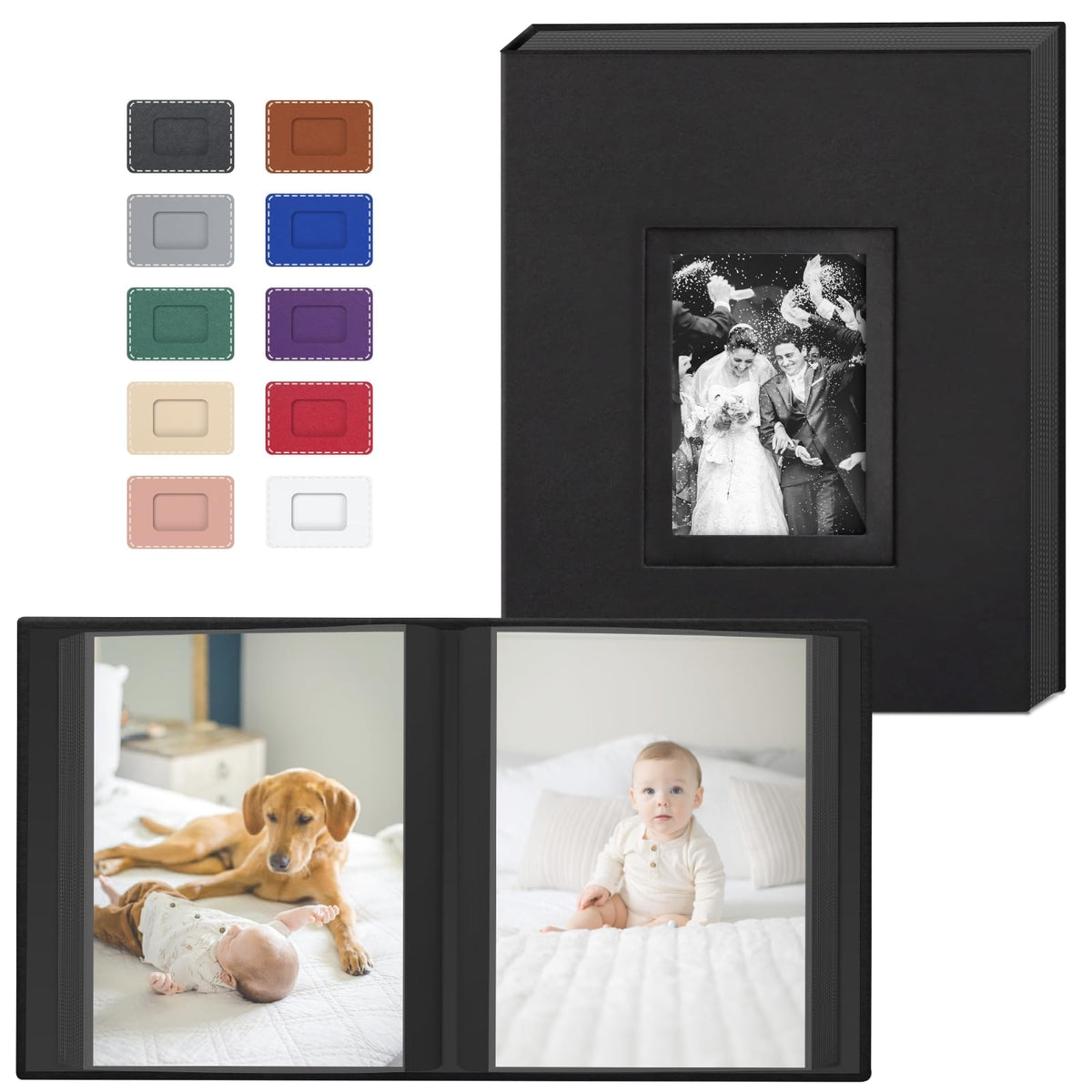 Popotop photo album front cover with double window and vegan leather finish.